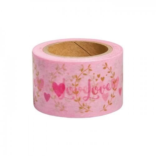 Masking tape - Non spécifié - Large - Motif lauriers et cœurs - Mention 'Love' en rose - 3 cm de large