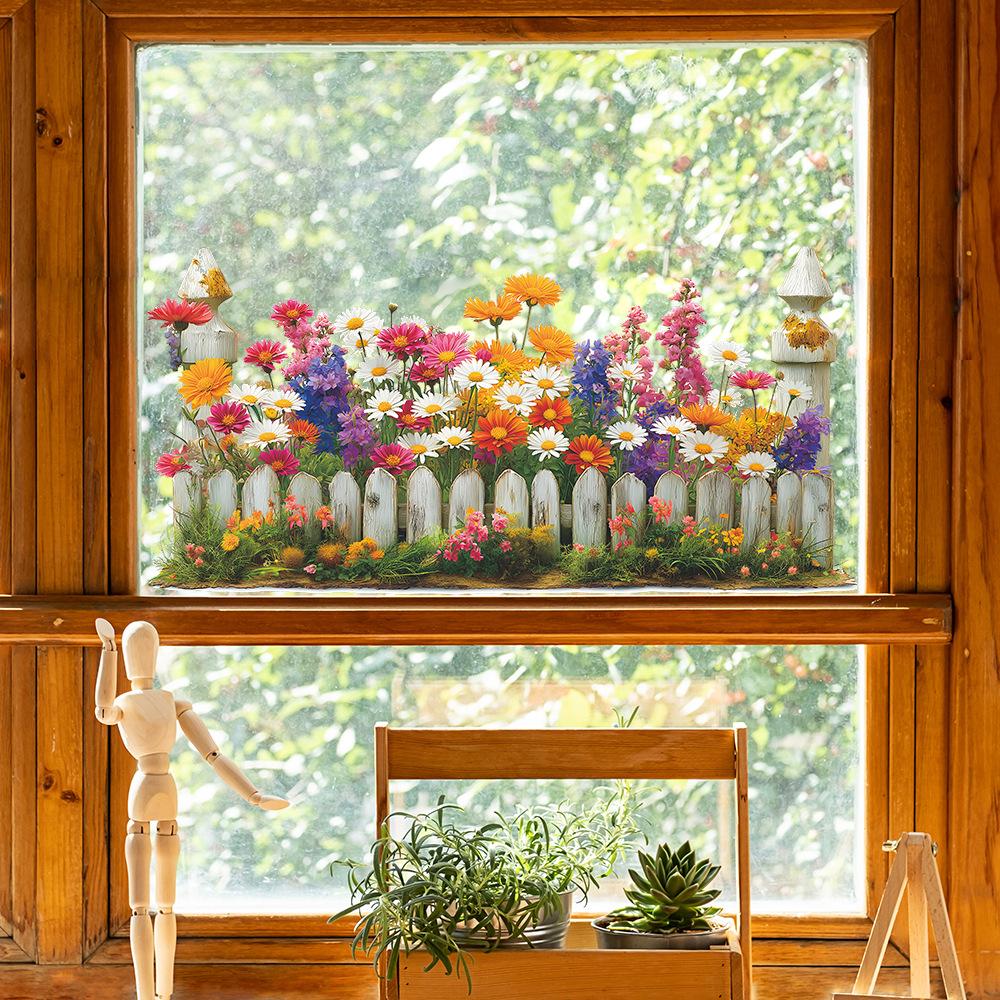 Fresh Hand-Painted Daisy and Fence Wall Sticker Cottage Self-Adhesive Removable Decor for Entryway Living Room Home