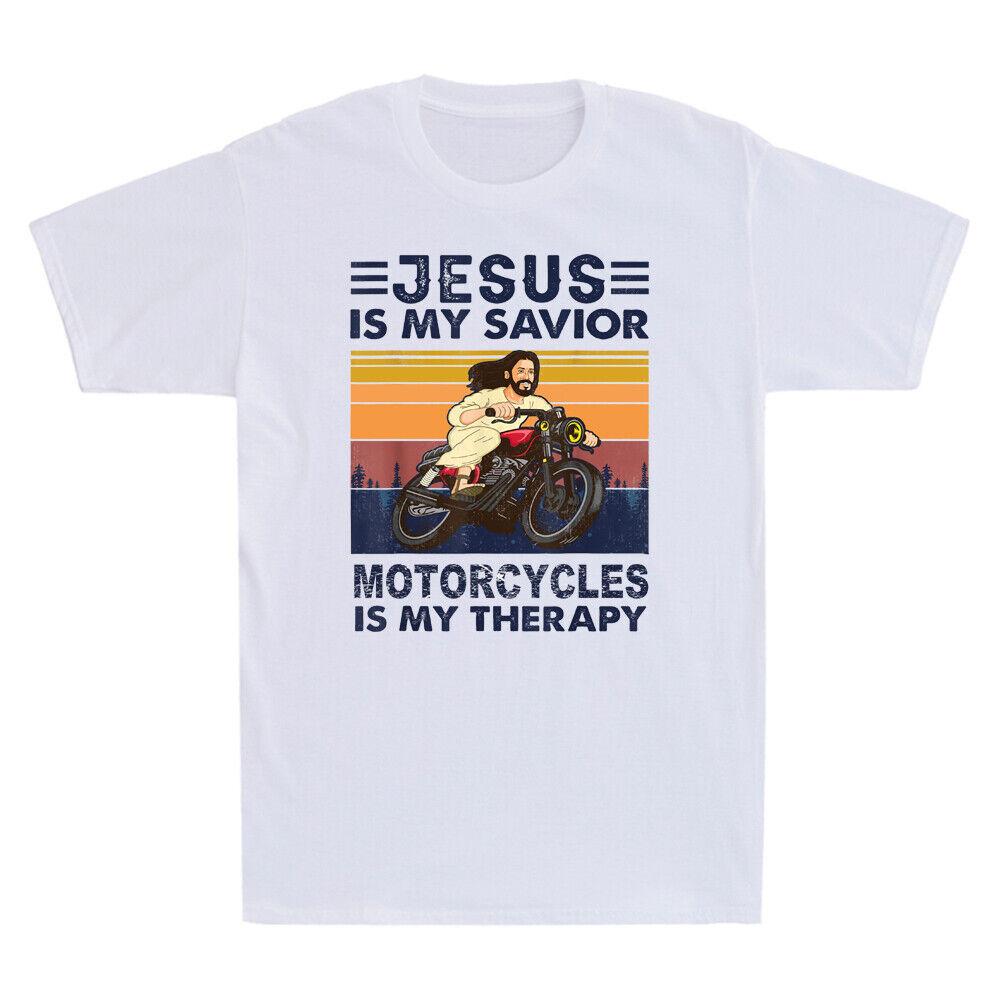 Retro Jesus Is My Savior Motorcycles Are My Therapy Vintage Men s T-Shirt White XXXXL