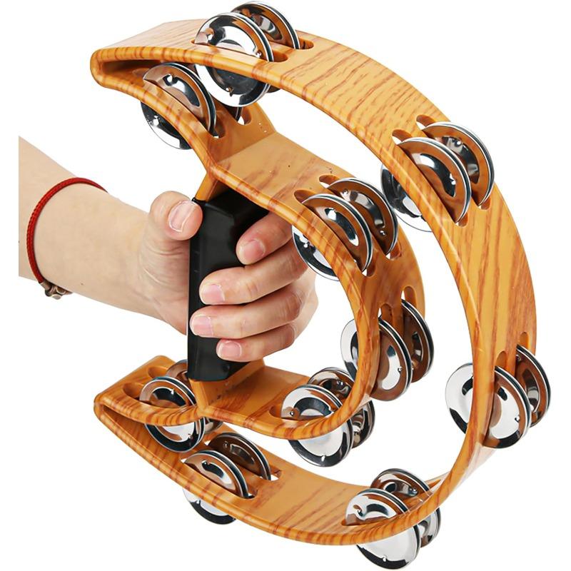 Professional Half-moon Tambourine with Jingles, a Hand-held Percussion Instrument Featuring Thick Jingle Strips and an Ergonomic Handle, Suitable for
