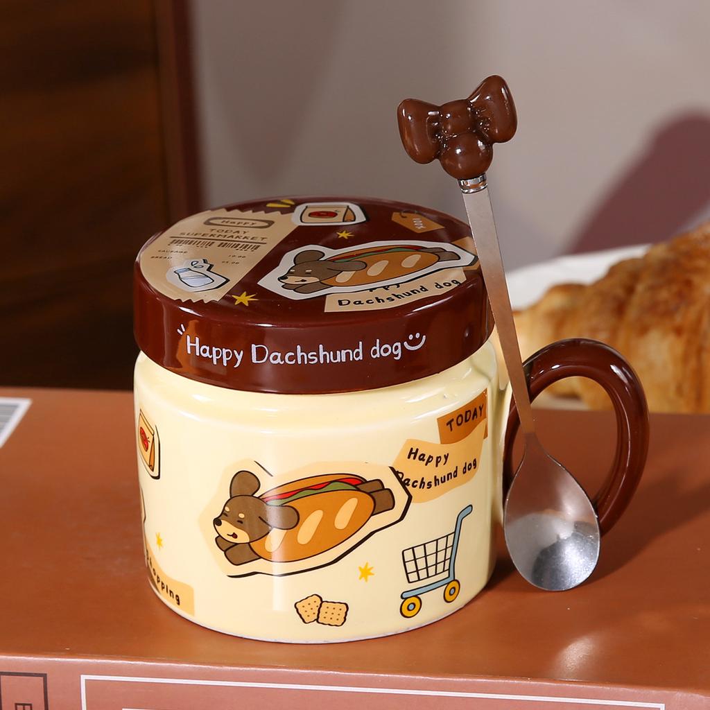 Dackel Keramik Wasserbecher Süße Tasse mit Deckel und Löffel Kreativer Jungenstil Kinder Frühstückstasse Große Kapazität