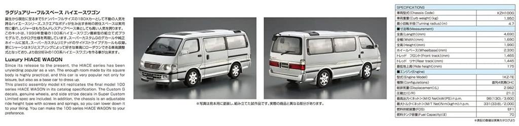 Aoshima Bunka Kyozai Die Modellauto-Serie 133 Toyota KZH100G Hiace Super Custom G 1999 Plastikmodellbausatz Co., Ltd. (AOSHIMA) 1/24 Nr.