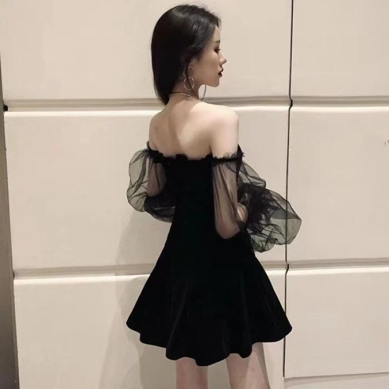 Women's Black Velvet Mini Dress Sheer Mesh Long Sleeve Square Neck A-Line Flowy Ruffle Sleeve Elegant Party Cocktail Dress
