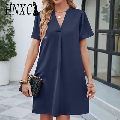 HNXC kadın Moda Yaz Bahar Düz Renk Baskı Kısa Kollu V Yaka Yüksek Bel Günlük Elbiseler