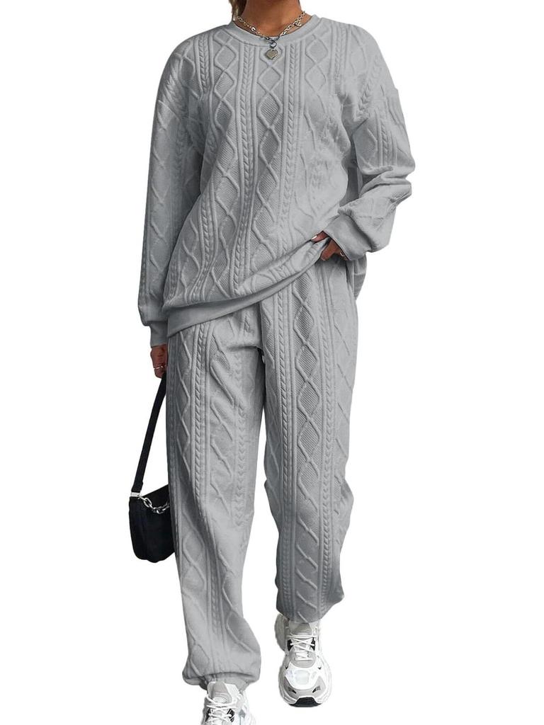 2025 Women's Cable Knit Patchwork Crew Neck Top & Jogger Set - Spring/Autumn