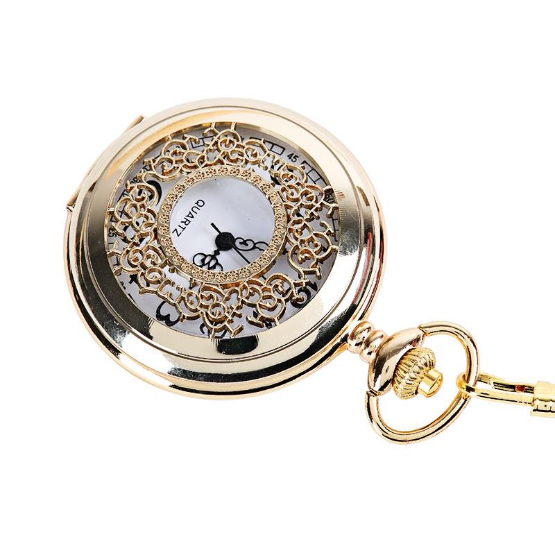 Nostalgic Thick Chain Openwork Pocket Watch with Dense Floral Carvings, Gold-Tone, White Face 1047.