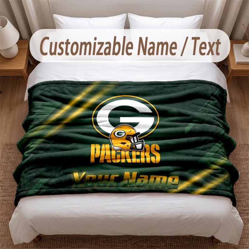 Green Bay Packers Printed Flannel Blanket Custom Name Text Soft Warm Throw For Bedroom Holiday Gift