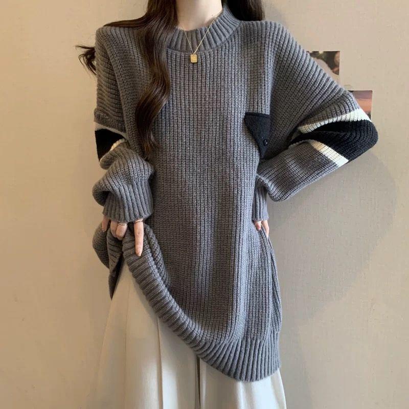 Frühling Herbst Neu Lässiger Stil Mode Farbblockdesign Lässiger Pullover Damen Mittelang Gestricktes Oberteil Trendig