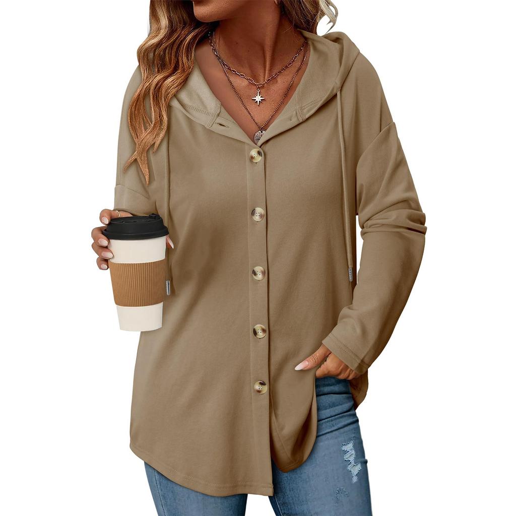 Women's Fashion Casual Raglan Long-Sleeve Drawstring Coat, Vintage Buttoned Hooded Coat