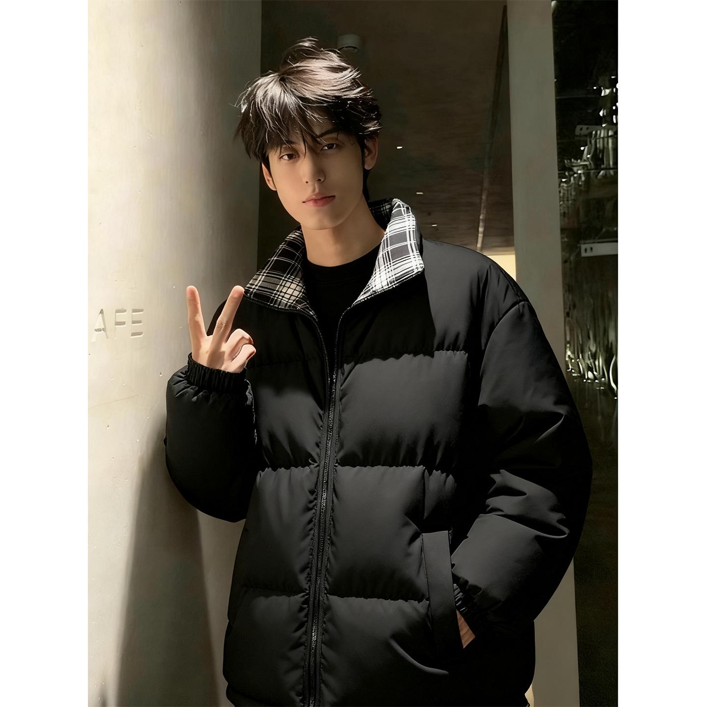 

Men s American Style Black Cotton Plaid Patchwork Puffer Jacket - Winter Youthful Warmth Clean Fit Outerwear 2XL чорний