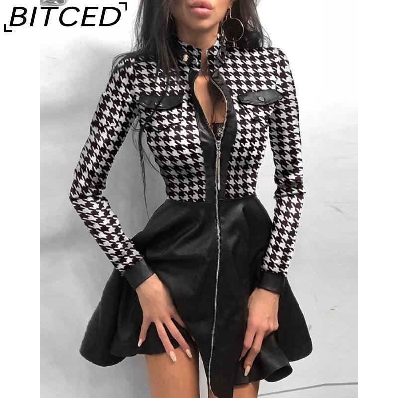 

BITCED Модное женское кружевное мини-платье с длинным рукавом и молнией из искусственной кожи с большим подолом S