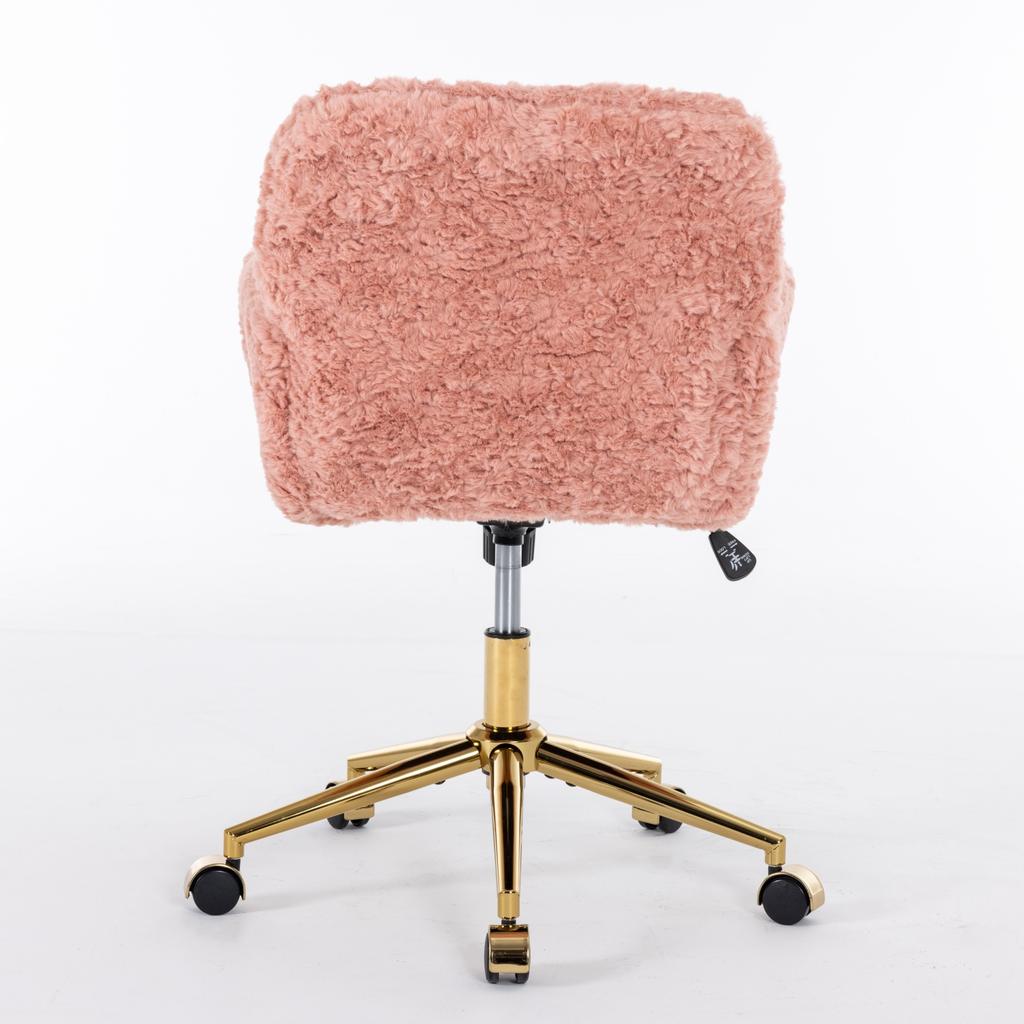 Flauschiger Kunst-Kaninchenfell-Schminktischstuhl, Rosa Höhenverstellbar 360 Grad Drehbar Home-Office-Stuhl mit Armlehne, Goldene Metall-Rollbasis,DE1831PK
