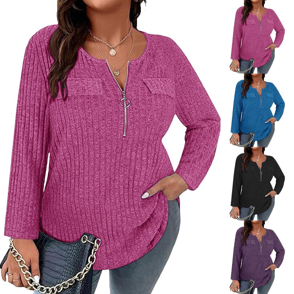 Women's Plus Size Casual Long Sleeve V-Neck Zipper T-Shirt