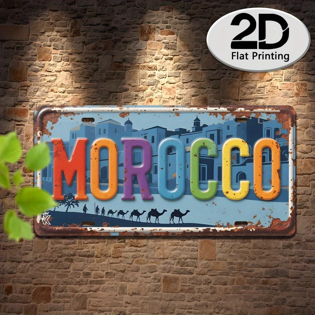 

D Flat Printing Vintage Distressed MOROCCO with Colorful Typography Desert Camel Caravan Illustration Aluminum Tin Painting 15x30cm(5.9x7.8inch)