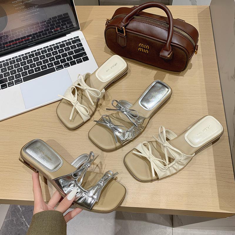 One-word Drag Skirt with 2025 Wind Flat Sandals Super Beautiful Low New French Cool Slippers Female Summer Wear Fairy Heel