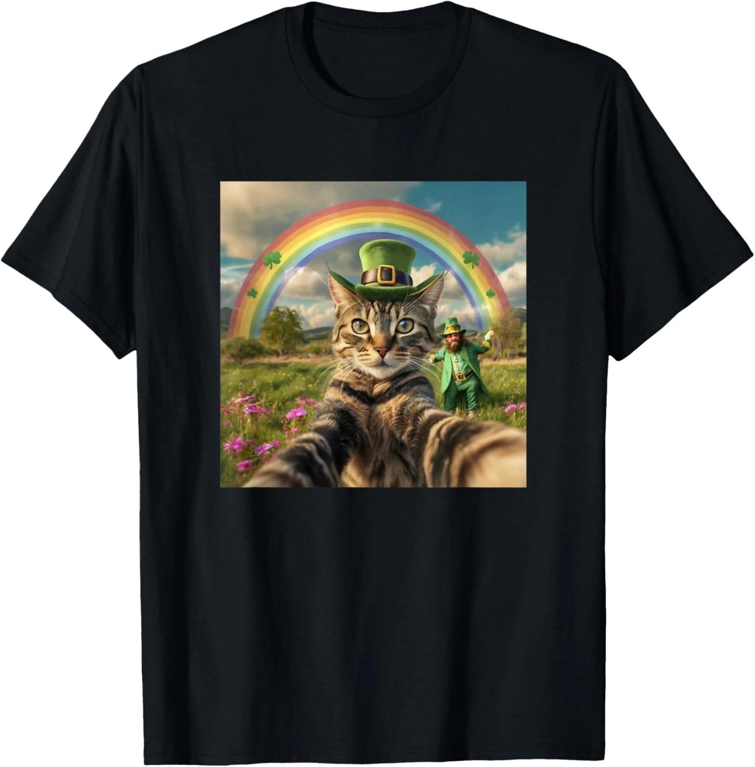 

St Patrick s Day Cat Selfie with Leprechaun Funny Photo Gift Unisex T-Shirt M