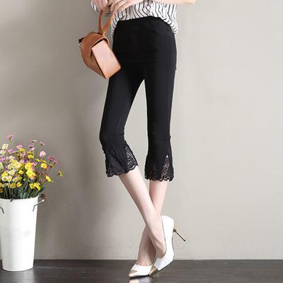 Women Cropped Pants Solid Color High Elastic Summer Flared Pants Lace Stitching Trim Tight Leggings with Pockets