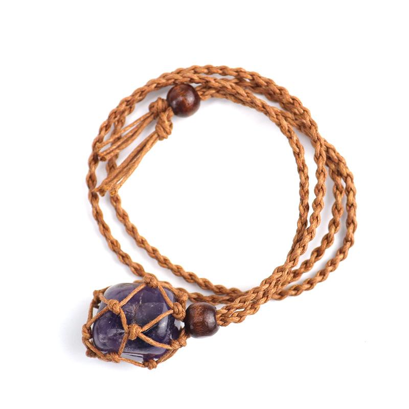 Natural Stone Crystal Rough Stone Mesh Pocket Hand-Woven Necklace Pendant, Adjustable N558
