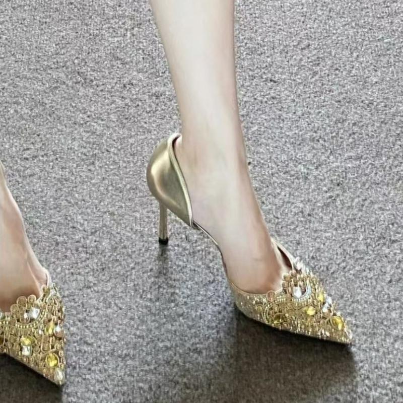 Fashion Thin Heel Shoes Spring New Style Pointed Head Shallow Mouth Crystal Set Foot Anti-slip Wear-resistant High Heels