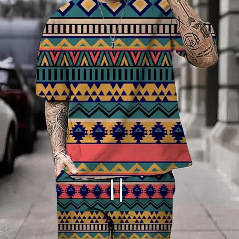 

2024 Новый летний мужской комплект с короткими рукавами, повседневная уличная футболка для мужчин, модные свободные шорты с принтом в богемном стиле 4XL