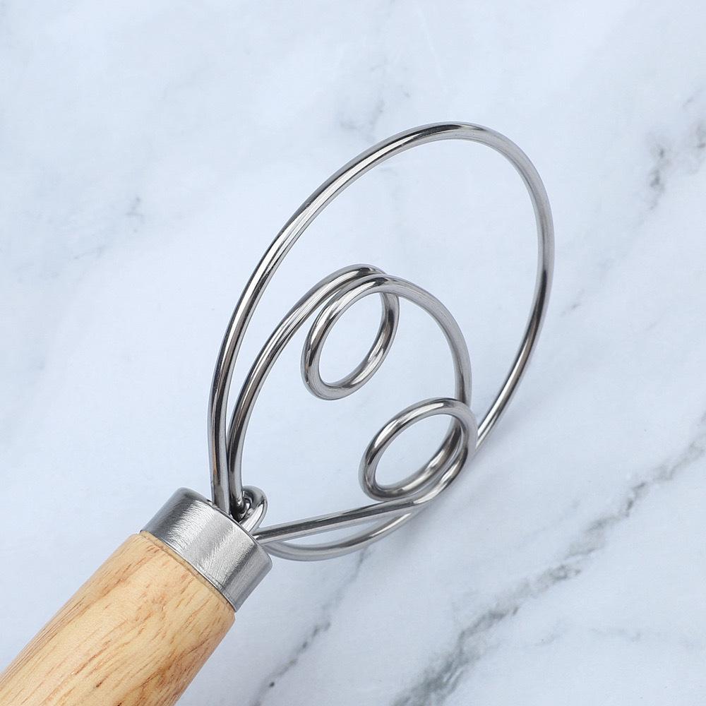 Danish Wooden-Handled Single Coil Dough Mixer: Manual Handheld Baking Tool for Flour Blending