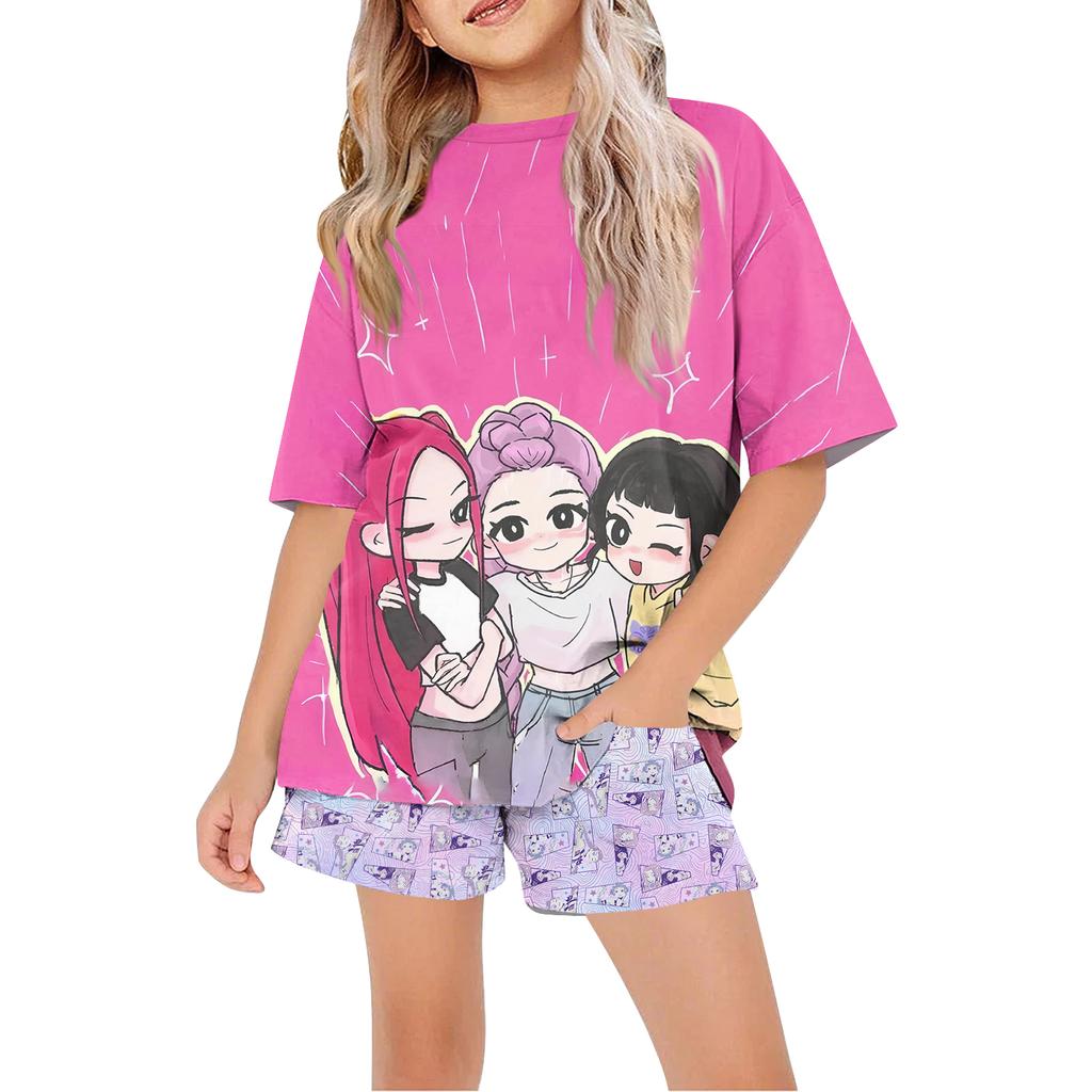 חולצת טריקו ספורטיבית לילדים ומכנסיים קצרים, סט 2 חלקים, סט טרנינג, חולצות קרופ עם הדפס שרוול קצר, עם סט בגדים