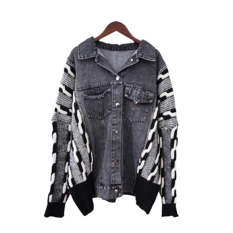 Denim splicing sweater jacket autumn and winter new design sense loose lapel contrasting color knitted cardigan women