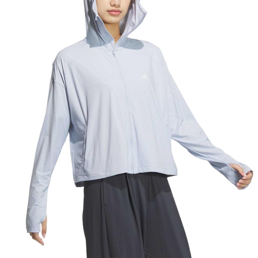 Adidas Strikket UPF Jakke Ensfarget Hurtigtørkende Sports Fritids Hettejakke Damejakke Lyseblå JJ1332