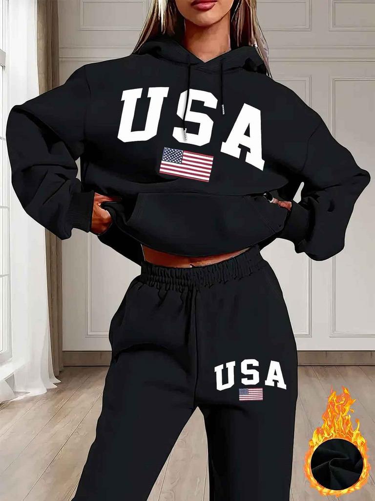 USA Letter Printing Solid Color European and American New Fashion Casual Hooded Sweater Set