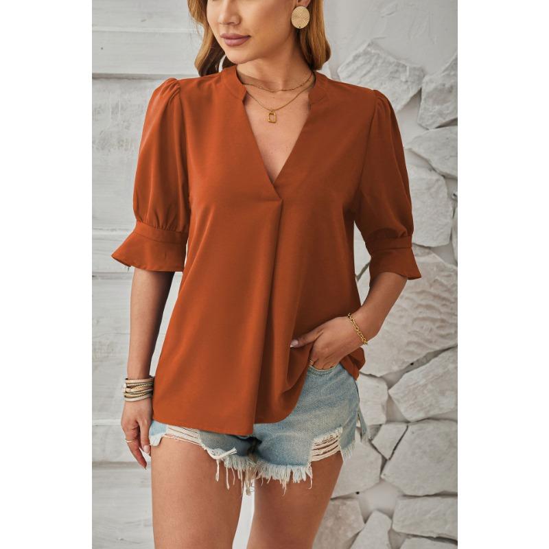 Sommer Damen T-Shirt Einfarbig V-Ausschnitt Halbarm Bequem Atmungsaktiv Lässiges Oberteil