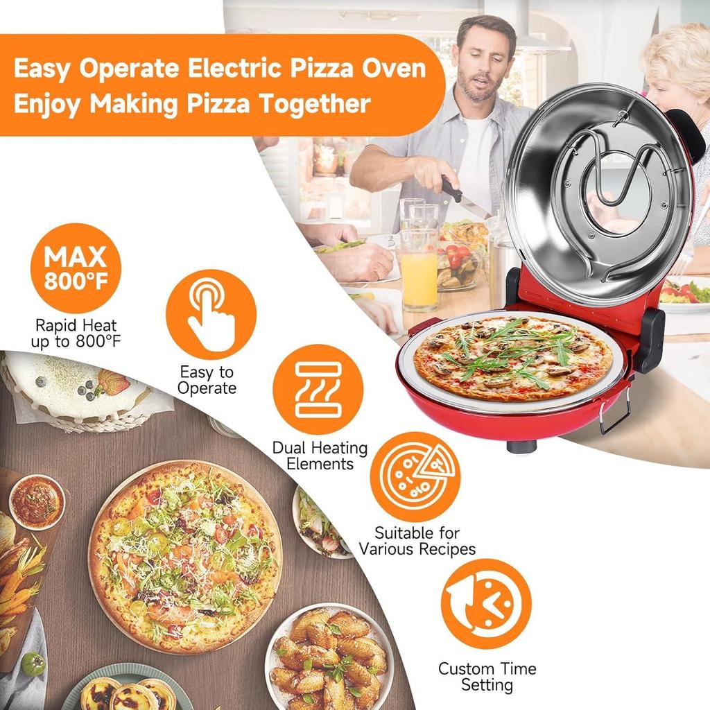 420-degree Ceramic Stone Pizza Oven, 12-inch Pizza Oven, 1200W Countertop Pizza Maker with Built-in Thermometer and Timer