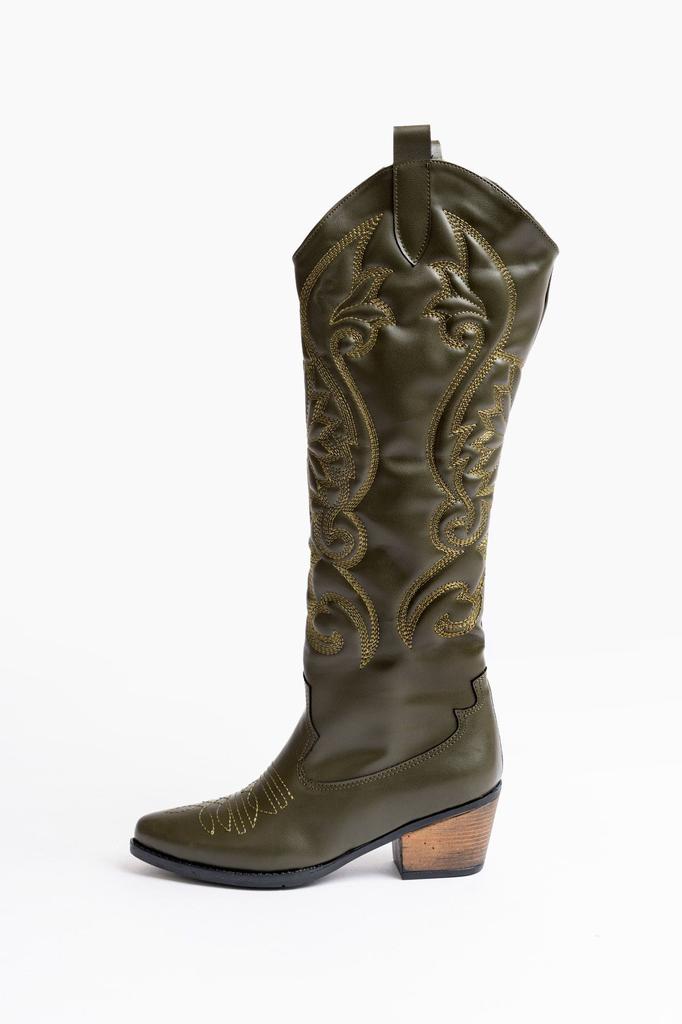 Women Modern Stylish Fashion Boots Faux Leather Suede Black Leather Embroidered Medieval Cowboy Long Boots