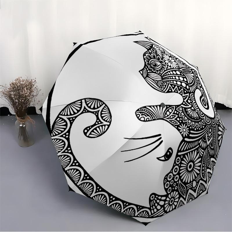 1pc Cat Mandala Art Automatic Open/Close Umbrella, Umbrella with Cartoon Design, Portable Compact Umbrella for Men & Women, Good Holiday Gif