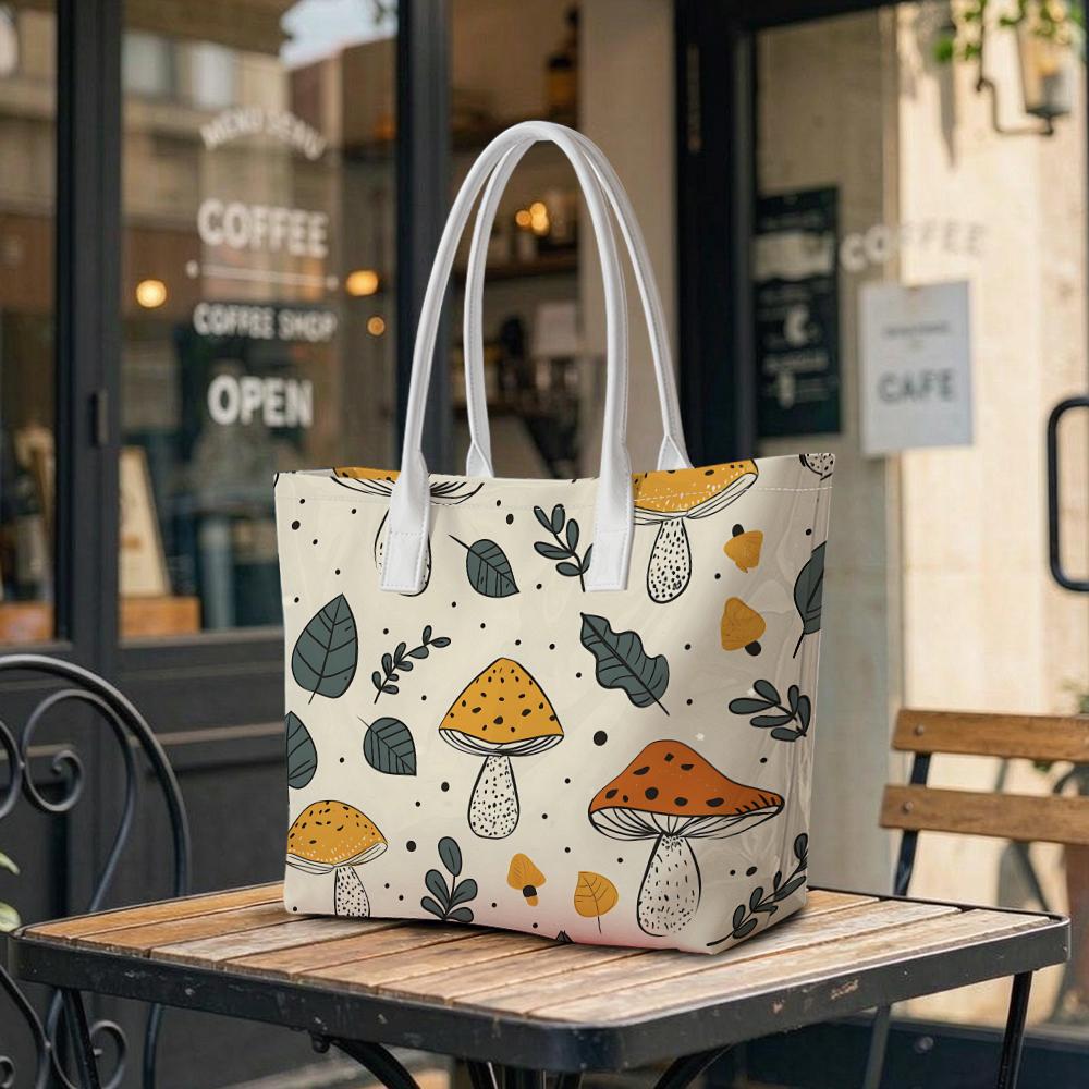 Cute Mushroom Print Casual Tote Bag Stylish Daily Use Portable Shoulder Bag for Women