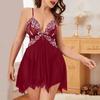 Ladies Sexy Multi-Erotic Pajamas Lace Lace Solid Color Mesh V-Neck Nightdress