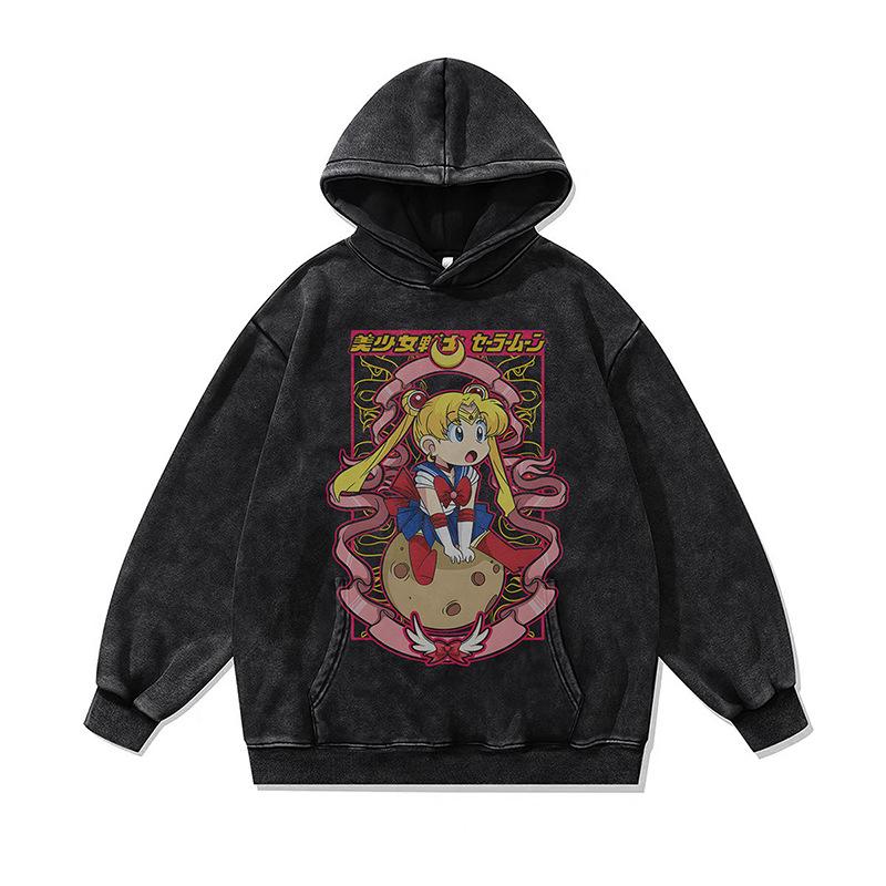 Japanese Dark Cartoon Digital Direct Injection Printing Hoodie Retro 430G Pure Cotton Loose Wash Sweater Men
