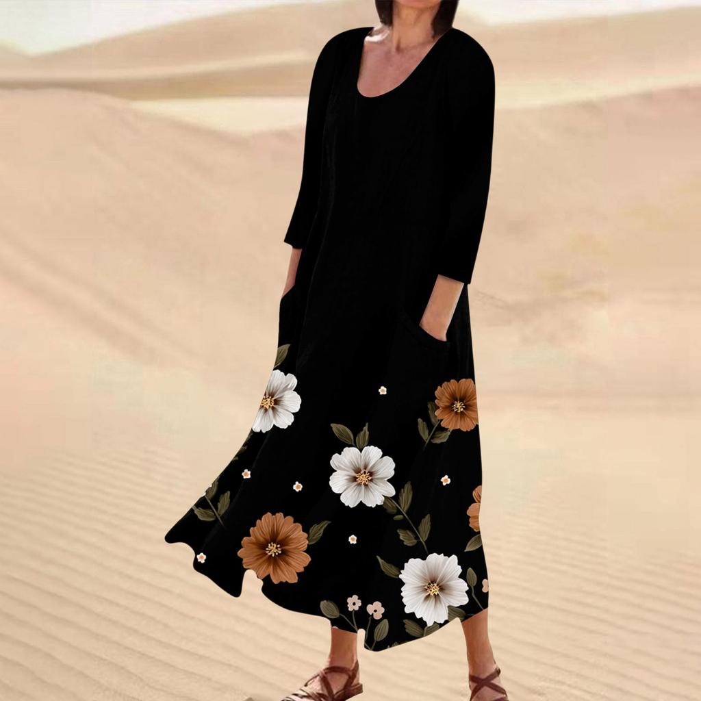 Rochie casual de damă cu imprimeu floral, mânecă trei sferturi, buzunare confortabile