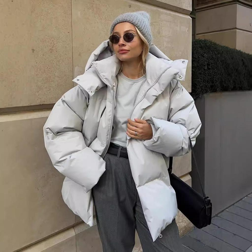 Women's Hooded Puffer Jacket Winter Padded Warm Coat Thicken Outerwear Stand Collar Oversized Long Sleeve Full Zip Quilted Puffer Coats for Women