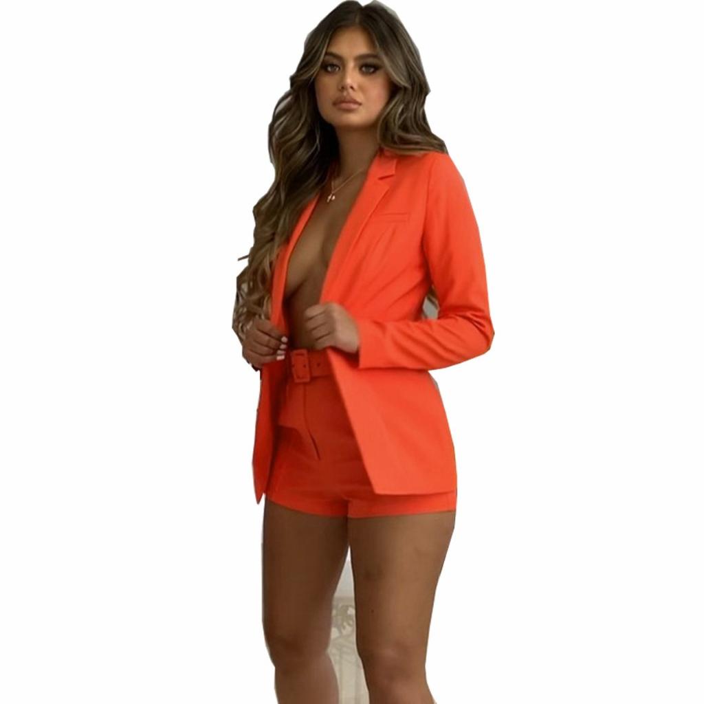 Women's Slim Fit Two Piece Suit Lapel Long Sleeve Blazer High Waist Belted Short Co-ord Outfit Set