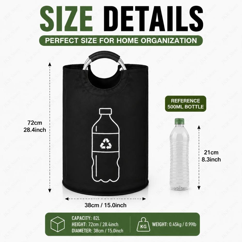 Foldable 82L Recycling Storage Basket Large Capacity Empty Bottle Bag Aluminum Handle for Kitchen Laundry Room Organizer Pack