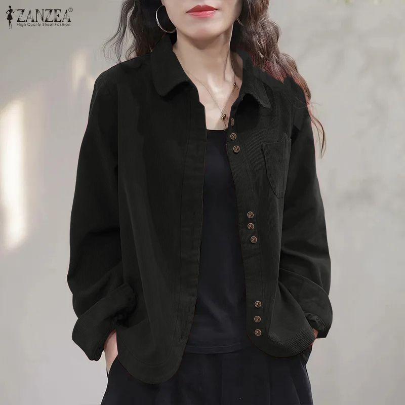 ZANZEA Women Casual Turn Down Collar Long Sleeve Loose Corduroy Blouse