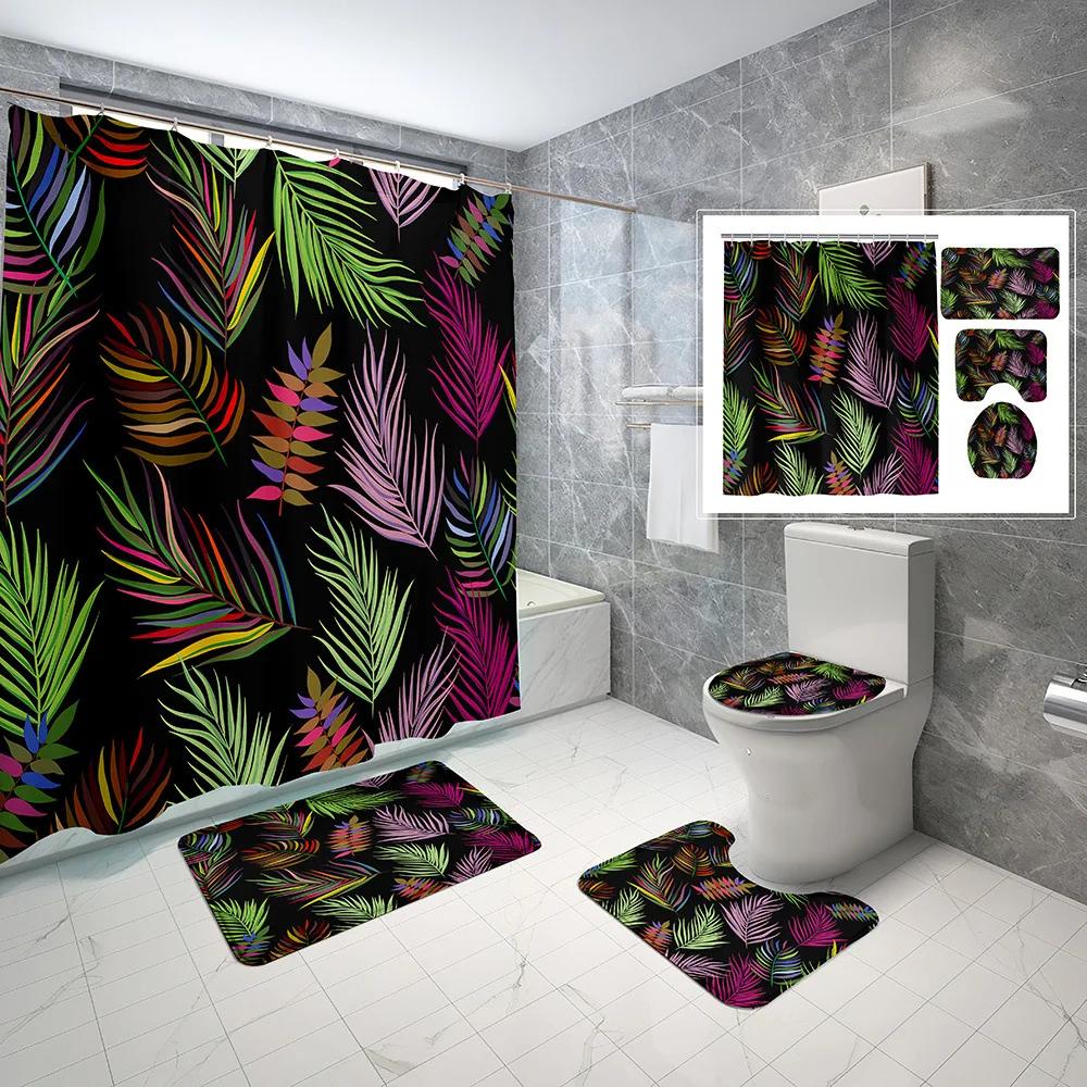 Elegant Leaves Big Flowers Print Shower Curtain With Hooks High Quality Waterproof Bathroom Curtain Bath Mat Set Home Decoration