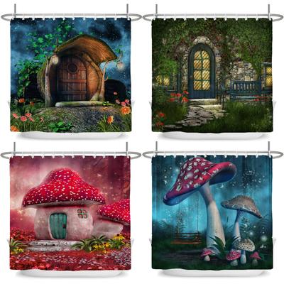 Enchanted Forest Shower Curtain Cartoon Magic Tale Mushroom Wonderland Gothic Shower Curtain Waterproof Bath Decor With Hooks