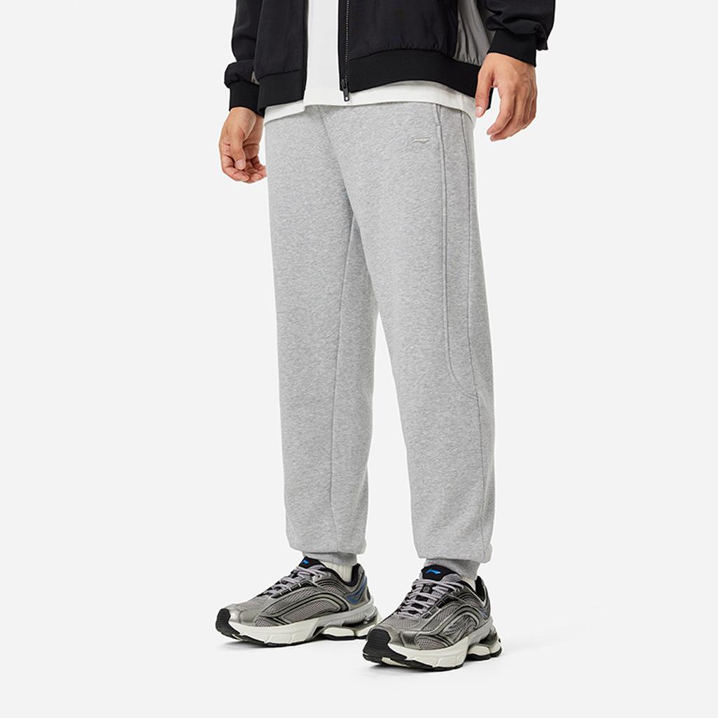 Li Ning Sports Trend Series Lace-Up Mid-Waist Solid Color Fleece Warm Knitted Sports Pants Men Bottoms Light-Gray AKLU617-3
