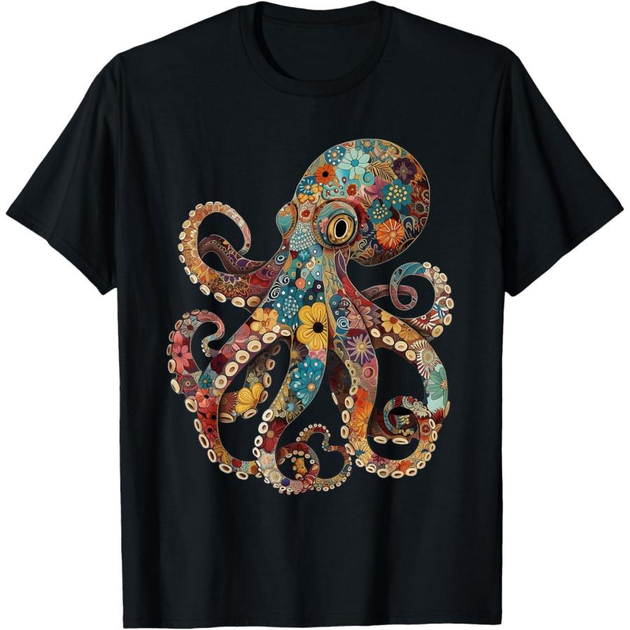 Octopus Floral Vintage Flowers Squid Kraken Scuba Diving T-Shirt S