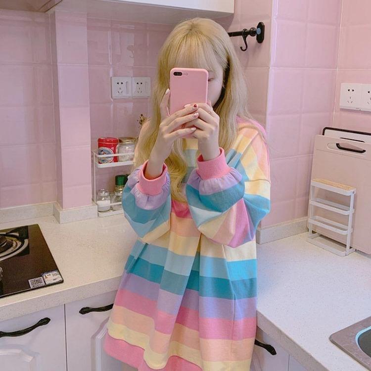 Hoodies Women Kawaii Rainbow Casual Loose Patchwork Harajuku Top Sweatshirt Clothes