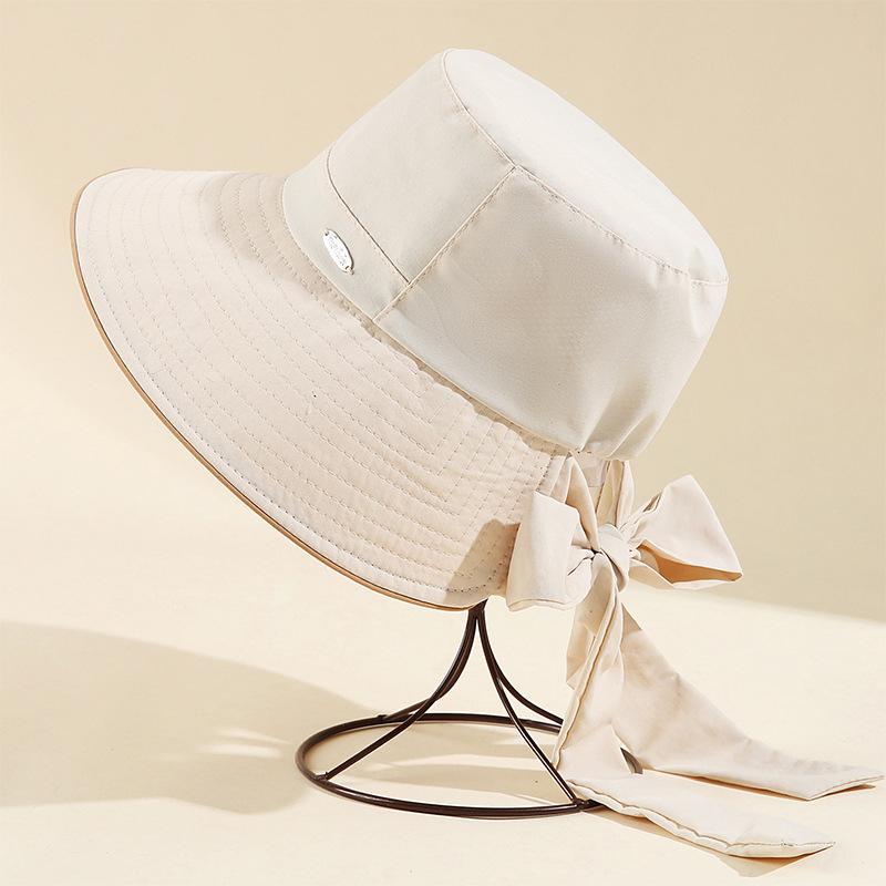 Spring and summer light outdoor UV protection large brim bow bucket hat women