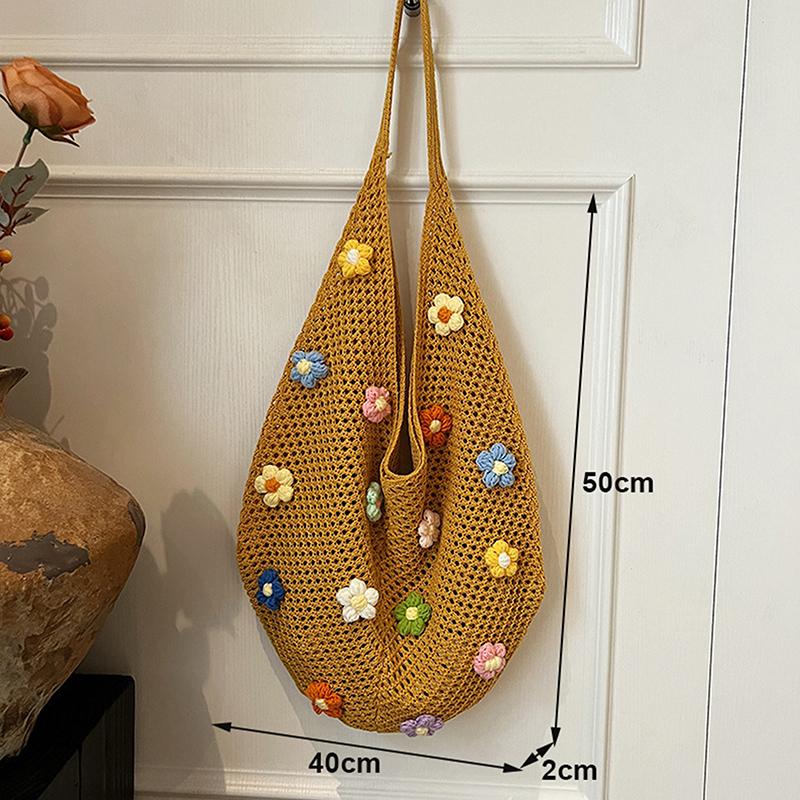 Women Flower Knitted Shoulder Bag  Handbag Lightweight Crochet Tote Bag Casual Top Handle Bag Outdoor Travel Bag