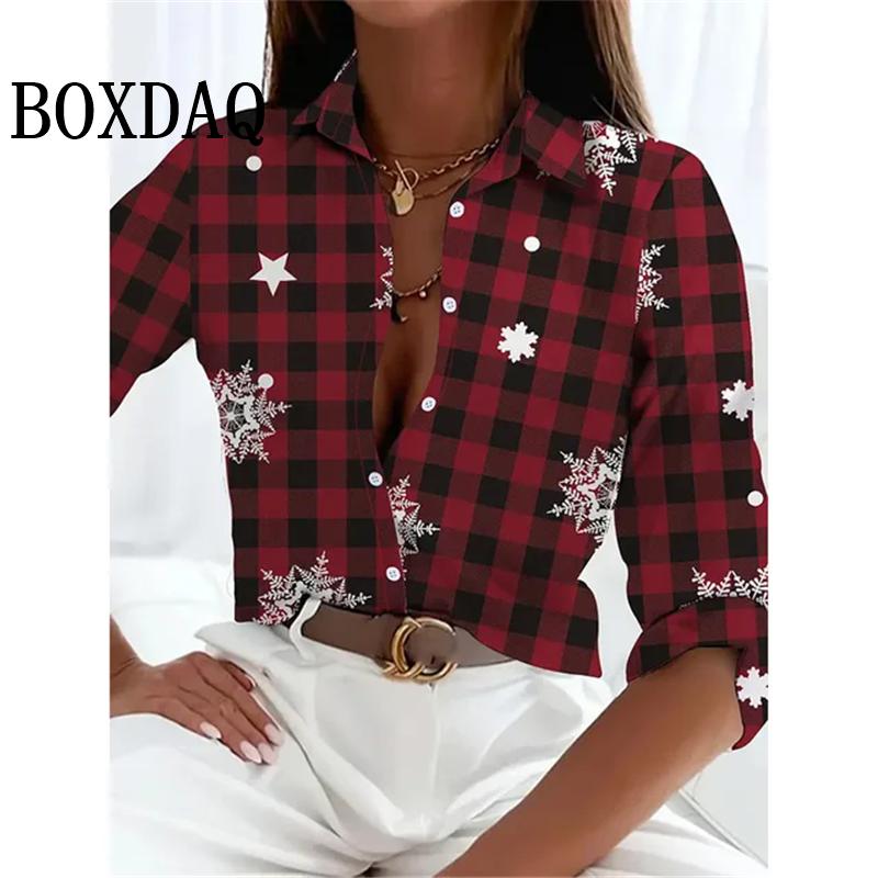 Women's New 3D Christmas Print Long Sleeve Blouses Elegant Lapel Long Sleeve Tops Winter Spring Single-Breasted Basic Shirt