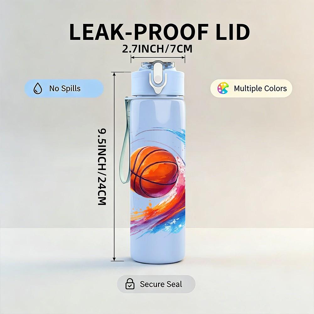 1PC Flame Basketball Pattern 750ml Color Plastic Sports Water Bottle Leakproof Flip Straw Lid Suitable for Sports Office Home Use
